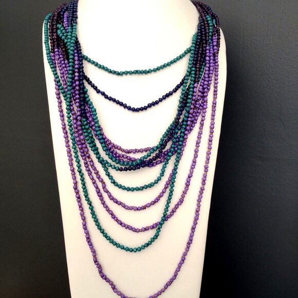 Green, shades of purple and blue layered multi strand beaded necklace - Picture 2 of 13
